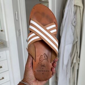 beek Tan and White Striped Sandals